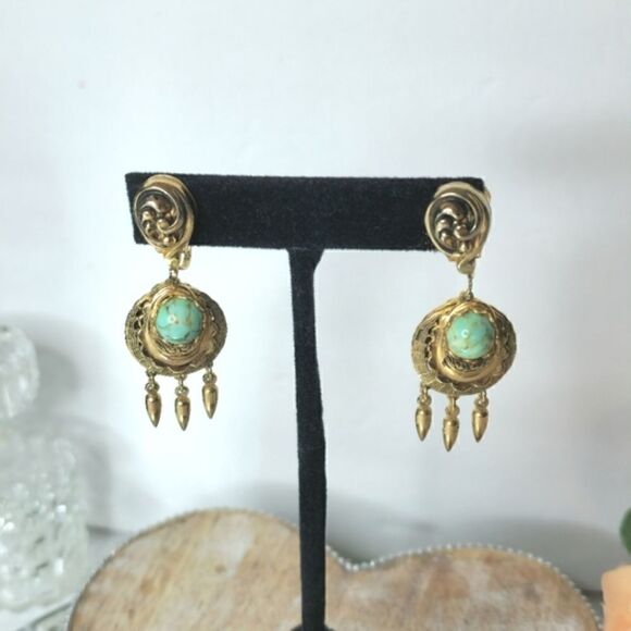 Marino Vintage Gold turquoise dangle screwback earrings - Picture 1 of 6
